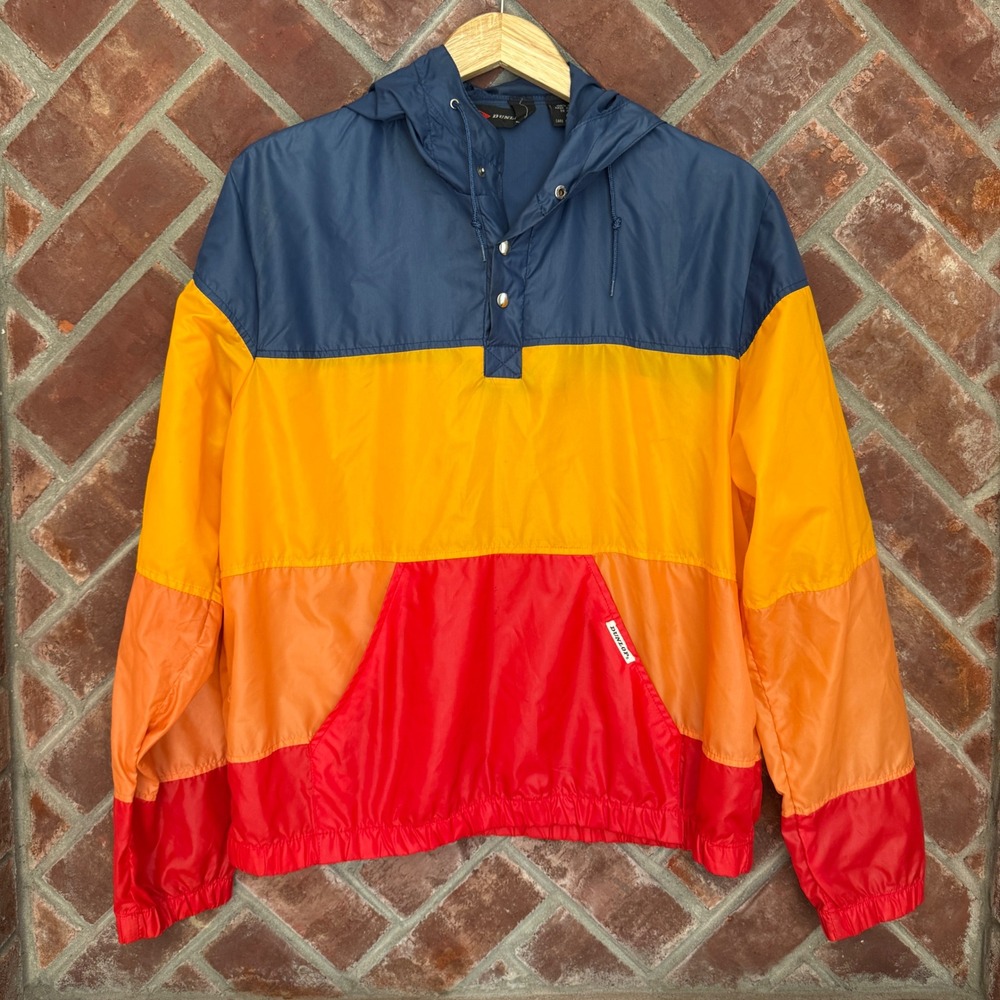 Vintage Dunlop Windbreaker Anorak Men Large Multi Colorblock Hooded Pullover